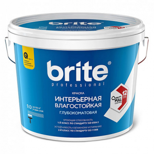 Краска BRITE PROFFESIONAL интерьерная влагостойкая белая глубокоматовая база А, ведро 2,7л