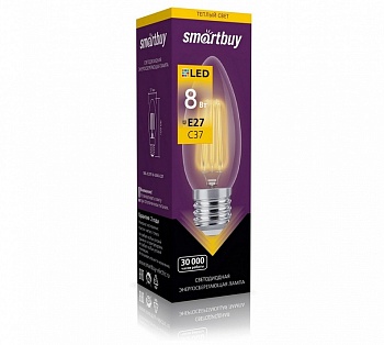 Светодиодная (LED) FIL Лампа Smartbuy-C37-8W/3000/E27 (SBL-C37F-8-30K-E27)