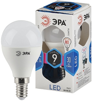 Лампа светодиодная ECO LED Р45-9W-840-Е14 ЭРА (диод, шар, Вт, нейтр, Е147)
