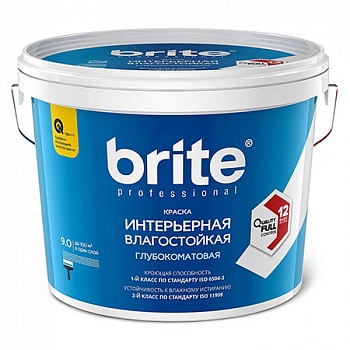 Краска BRITE PROFFESIONAL интерьерная влагостойкая белая глубокоматовая база А, ведро 9л
