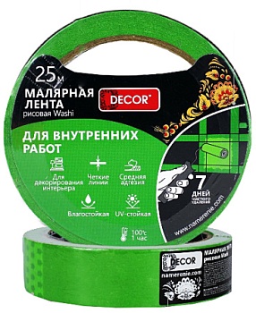 Лента малярная 25мм*25м зелен. д/деликат. работ DECOR 792-2525