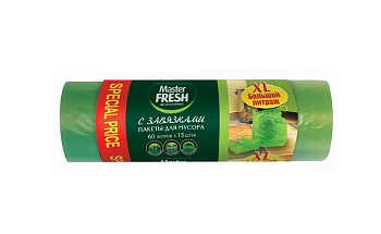 Мешки для мусора с завязками(зеленые) 60л рулон 15шт 14 мкм Master Fresh