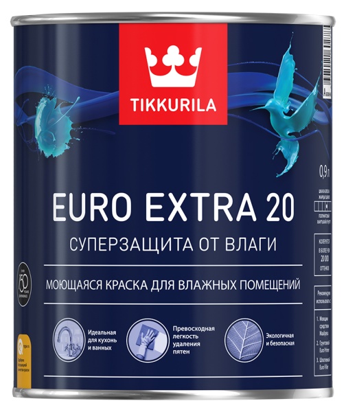 Краска EURO EXTRA 20 А п/мат 0,9л для влажных помещений TIKKURILA