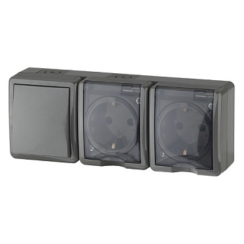 11-7404-03  ЭРА Блок две розетки+выключатель двойной IP54, 16АХ(10AX)-250В, ОУ, Эра Эксперт, серый