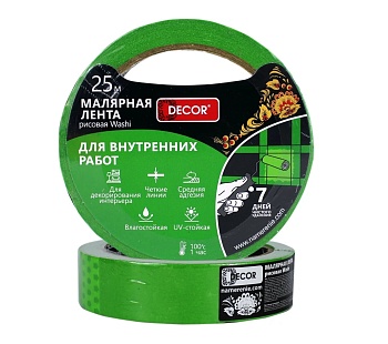 Лента малярная 38мм*25м зелен. для внутр. работ DECOR 792-3825