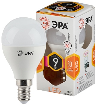 Лампа светодиодная ECO LED Р45-9W-827-Е14 ЭРА (диод, шар, Вт, тепл, Е14)