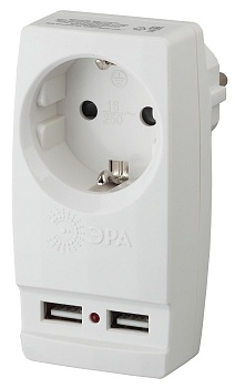 Тройник ЭРА Адаптер 1гн 220V + 2xUSB 2100mA, c заземл, (белый) SP-1e-USB-W 