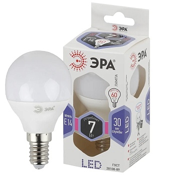 Лампа светодиодная ECO LED Р45-7W-860-Е14 ЭРА (диод, шар, 7 ВТ, холр, Е14)