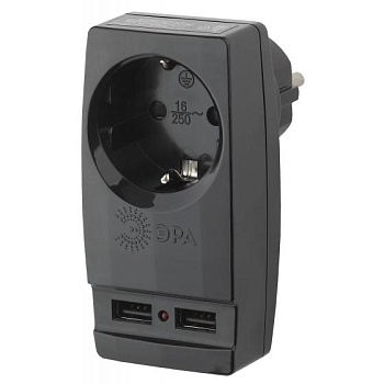 Тройник ЭРА Адаптер 1гн 220V + 2xUSB 2100mA, c заземл, (черный) SP-1e-USB-B