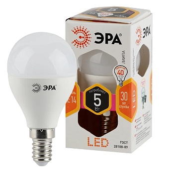 Лампа светодиодная ECO LED Р45-5W-827-Е14 ЭРА (диод, шар,5 ВТ, тепл, Е14)