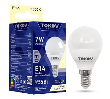 Лампа светодиодная 7Вт G45 3000К Е14 176-264В TOKOV ELECTRIC TKE-G45-E14-7-3K 1660390